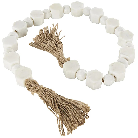 UMA White Marble Handmade Hexagon Beaded Garland with Tassel with Knotted Brown Jute, 42 x 2 x 1 | 15535
