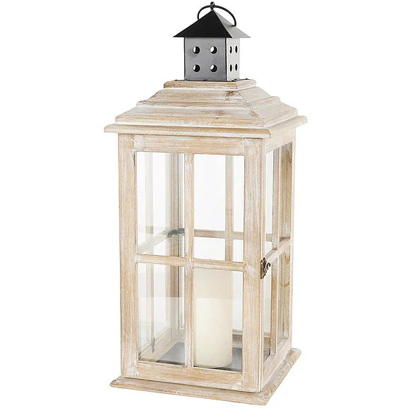 UMA Light Brown Wood Lighthouse Style Decorative Indoor Outdoor Candle Lantern with Black Ring Handle, 9" x 9" x 22" | 15538 CLOSEOUT