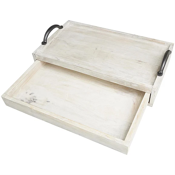 UMA Cream Mango Wood Hidden Drawer Living Room Decor Tray with Black Metal Handles, 18" x 11" x 5" | 15701 CLOSEOUT