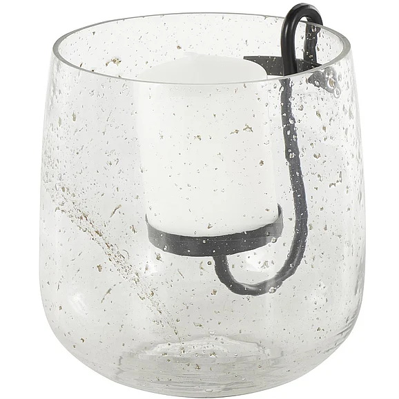 UMA Clear Glass Decorative Candle Holder with Black Metal Accents and Brown Speckles, 7 x 7 x 8 | 15703
