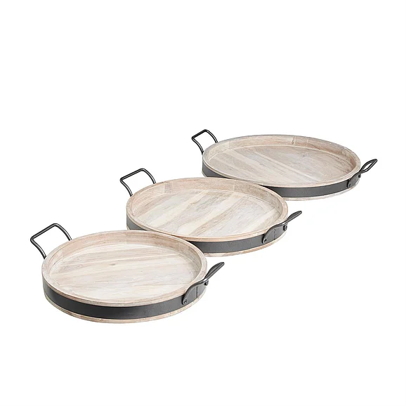 UMA Cream Mango Wood Nesting Living Room Decor Tray with Black Metal Handles, Set of 3 22, 19, 18W | 15787 CLOSEOUT