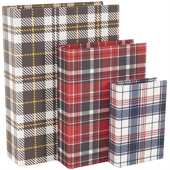 UMA Multi Colored Canvas Geometric Plaid Book Storage Decorative Box with Red and Blue Accents, Set of 3 12, 9, 6H | 15817 CLOSEOUT