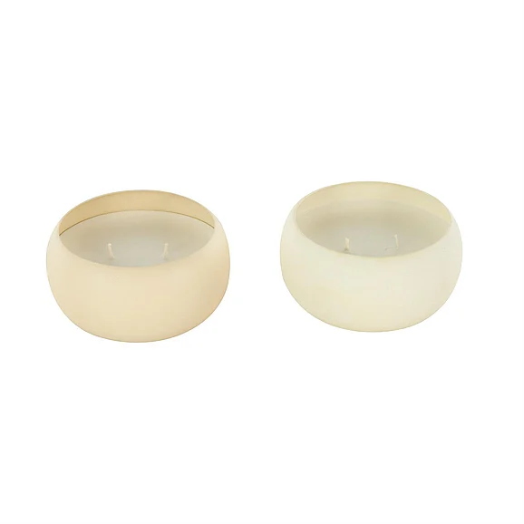 UMA Beige Metal Fresh Cotton/ White Tea & Ginger Scented Textured 11oz 2 Wick Decorative Candle with White Wax, (Set of 2) 5W, 3H | 15844