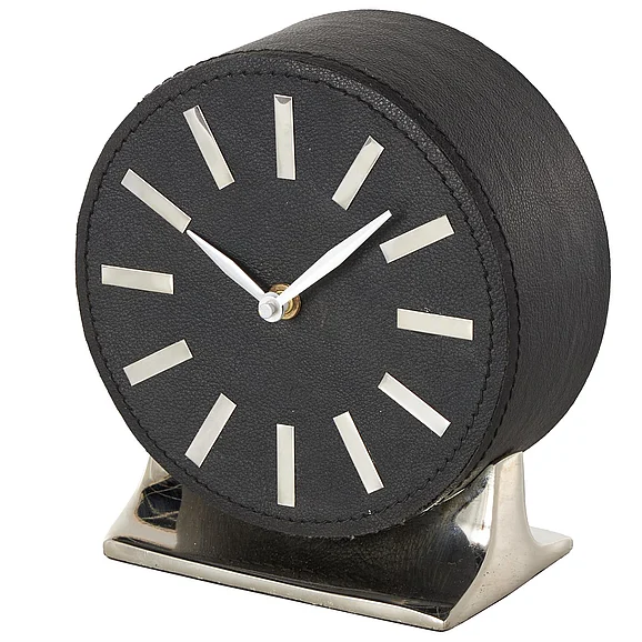 UMA Black Faux Leather Round Decorative Clock with Silver Rectangular Base, 6" x 4" x 7" | 15936 CLOSEOUT