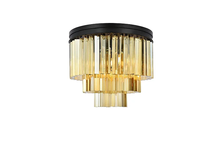 Elegant Sydney 9 Light Matte Black Flush Mount Golden Teak (Smoky) Royal Cut Crystal 1201F20MB-GT/RC