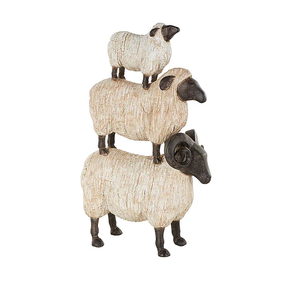 UMA Cream Polystone Sheep Stacked Decorative Sculpture with Black Accents, 9" x 4" x 15" | 16032