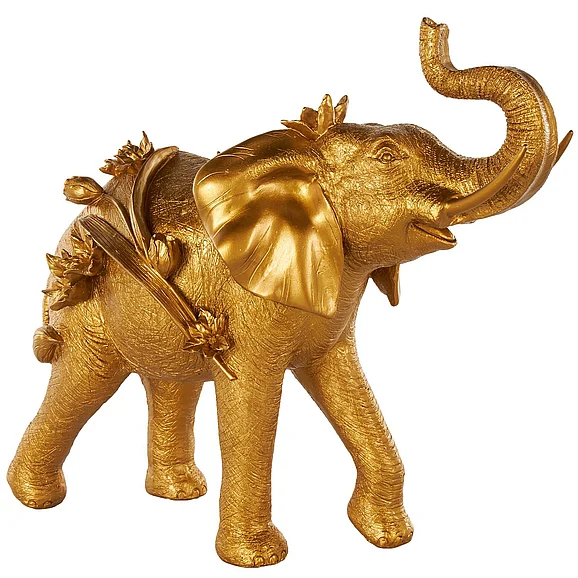 UMA Gold Resin Elephant Walking Decorative Sculpture with Floral Accents, 22" x 9" x 19" | 16050 CLOSEOUT