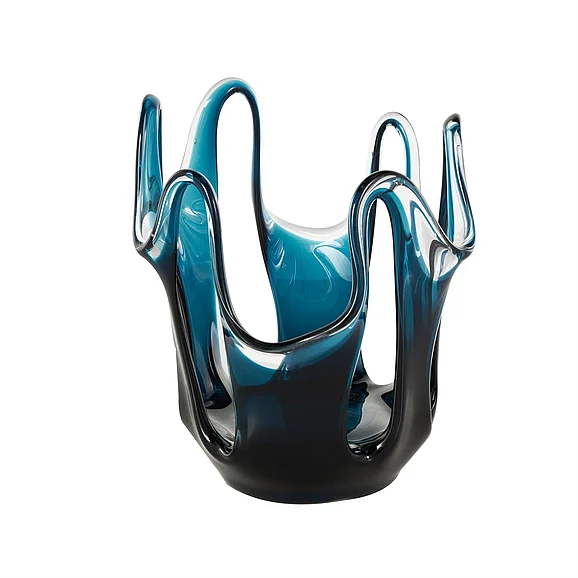 UMA Glass Abstract Ombre Decorative Vase with Wavy Oval Cutouts in Blue 16101
