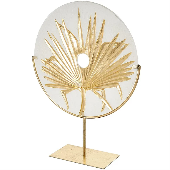 UMA Gold Polystone Leaf Round Disk Decorative Sculpture with Center Cutout and Gold Base, 16 x 5 x 22 | 16180