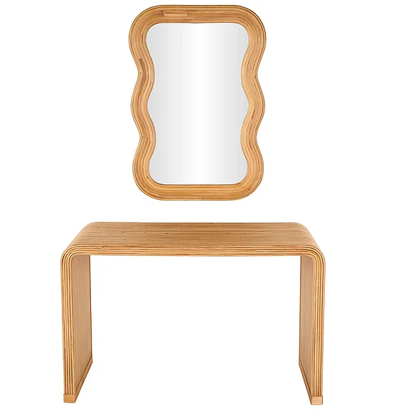 UMA Brown Wood Handmade Ribbed Living Room Console Table with Mirror, (Set of 2) 49, 27W | 16306