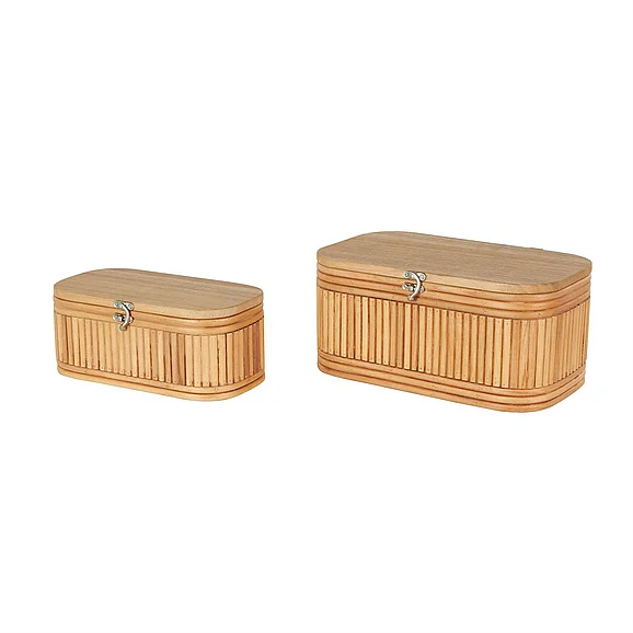 UMA Brown Wood Ribbed Decorative Box with Brass Latches, (Set of 2) 12, 10W | 16307