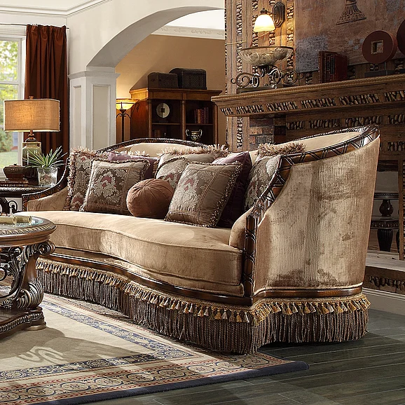 Homey Design HD-1631 Sofa in Dark Red Mahogany and Antique Gold HD-S1631