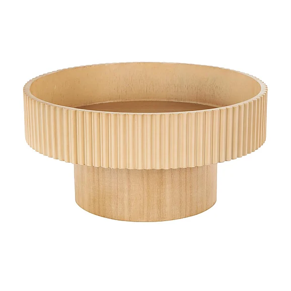 UMA Light Brown Wood Ribbed Decorative Bowl with Elevated Base, 14" x 14" x 7" | 16347
