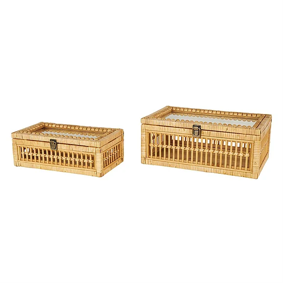 UMA Brown Rattan Handmade Woven Storage Decorative Box with Glass Top and Bronze Latches, Set of 2 15, 13W | 16392 CLOSEOUT