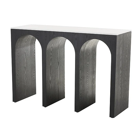 UMA Black Wood Art Deco Arched Cutout Living Room Console Table with White Marble Tabletop, 47 x 16 x 32 | 16451