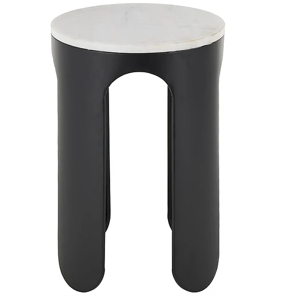 UMA Black Metal Round Side End Accent Table with White Marble Tabletop, 15" x 15" x 23" | 16510 CLOSEOUT