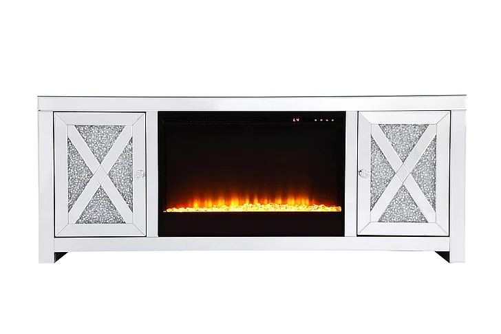 Elegant 59 In.Crystal Mirrored TV Stand with Crystal Insert Fireplace MF9903-F2