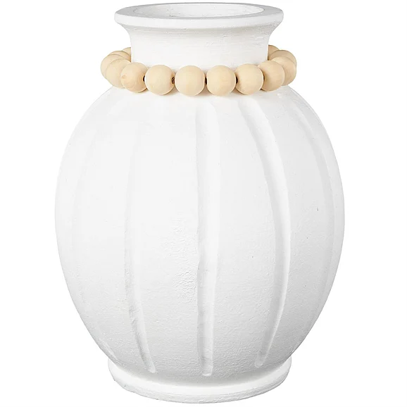 UMA White Magnesium Oxide Wide Decorative Vase with Light Brown Beads and Carved Grooves, 12 x 12 x 15 | 16533