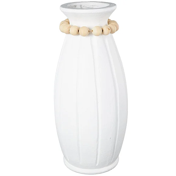 UMA White Magnesium Oxide Decorative Vase with Light Brown Beads and Carved Grooves, 9 x 9 x 20 | 16554