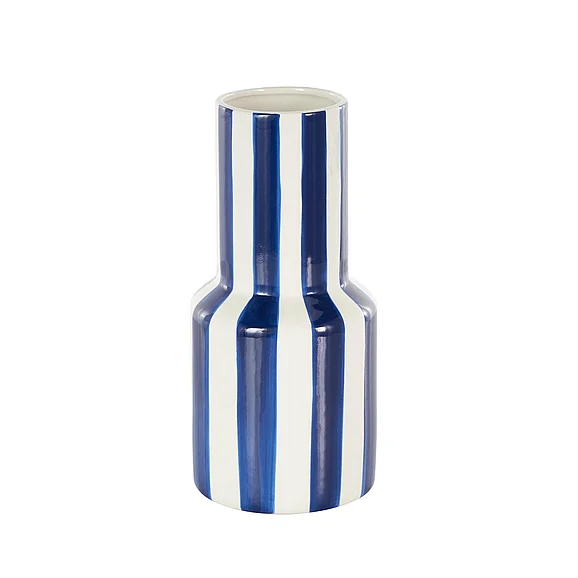 UMA White Ceramic Round Decorative Vase with Blue Vertical Stripes, 5" x 5" x 11" | 16624