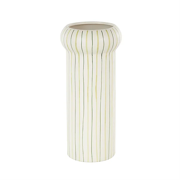 UMA White Ceramic Round Decorative Vase with Green Linear Patterns, 5 x 5 x 12 | 16632