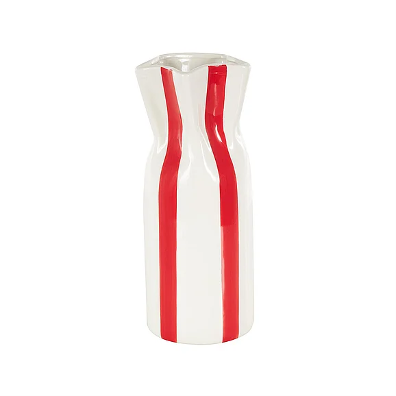 UMA White Ceramic Round Decorative Vase with Red Vertical Stripes, 5 x 5 x 12 | 16718