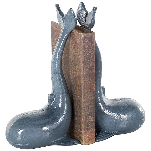 UMA Blue Metal Dolphin Decorative Bookends with Raised Tails, Set of 2 5W, 10H | 16809 CLOSEOUT