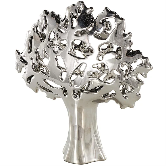 UMA Silver Ceramic Tree Glossy Decorative Sculpture with Abstract Cutouts, 15 x 5 x 16 | 16864