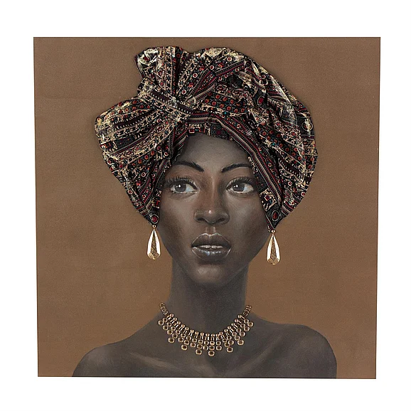 UMA Brown Canvas Woman Decorative Wall Art with 3D Fabric Headwear And Gold Jewels, 40" x 2" x 40" | 16953
