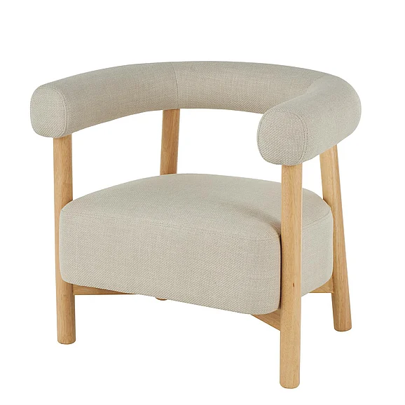 UMA Beige Polyester Curved Back Mid Century Modern Round Boucle Living Room Accent Chair with Light Brown Wood Frame, 32" x 24" x 28" | 16966 CLOSEOUT