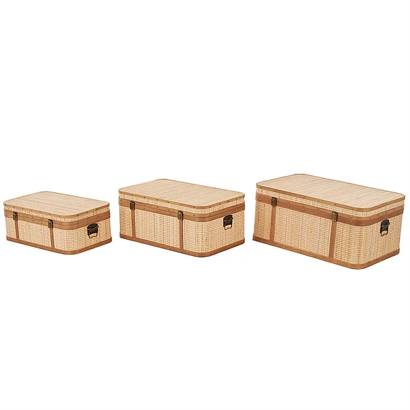 UMA Light Brown Rattan Woven Decorative Trunk with Brass Metal Latches and Brown Wooden Accents, Set of 3 28, 26, 23W | 17024