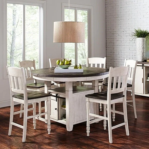 Jofran Madison County 7pc Round High-Low Dining Table Set in Vintage White