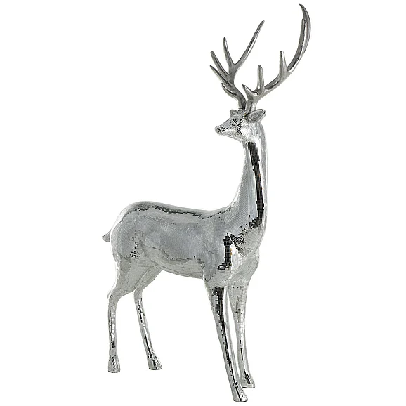 UMA Silver Fiberglass Reindeer Floor Decorative Christmas Sculpture with Mosaic Pattern, 37 x 16 x 58 | 17143