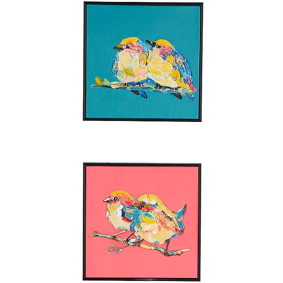 UMA Multi Colored Canvas Bird 3D Textured Living Room Framed Wall Art with Black Frame and Gold Foil Accents, Set of 2 13W, 13H | 17157