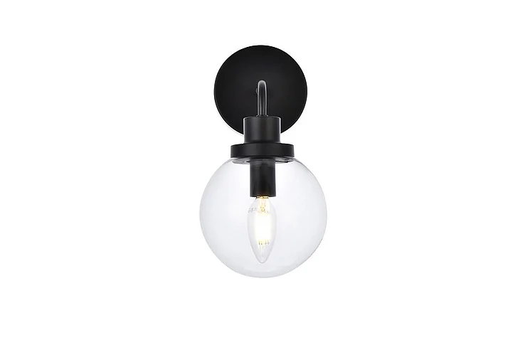 Elegant Hanson 1 Light Bath Sconce in Black with Clear Shade LD7031W8BK