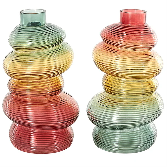 UMA CosmoLiving by Cosmopolitan Multi Colored Glass Ribbed Stacked Stones Decorative Vase with Color Blocks, (Set of 2) 7W, 12H | 17241