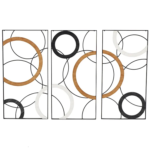 UMA Black Metal Abstract Overlapping Circles Home Wall Decor with Brown and White Wooden Accents, Set of 3 18W, 36H | 17259
