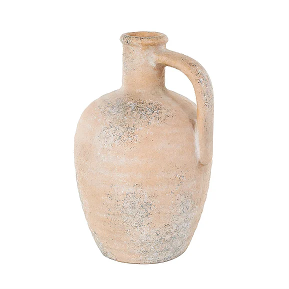 UMA Beige Ceramic Antique Style Distressed Decorative Vase with Handle, 7 x 7 x 11 | 17323
