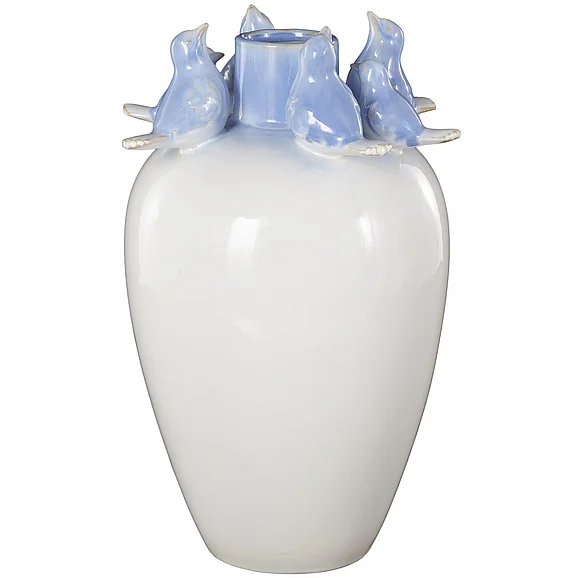 UMA White Ceramic Bird Decorative Vase with Blue Accents, 8" x 8" x 13" | 17338