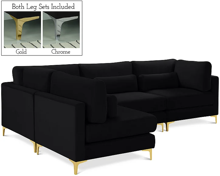 Meridian Julia Velvet Modular Sectional in Black Velvet 605Black-Sec4B