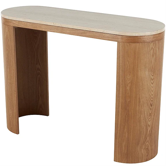 UMA Brown Wood Curved Crescent Living Room Console Table with Beige Marble Oval Tabletop, 44 x 15 x 32 | 17430