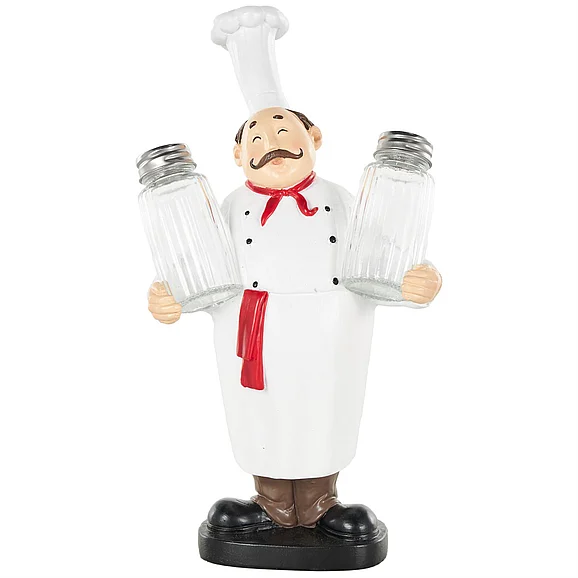 UMA White Polystone Chef Kitchen Decorative Figurine Salt and Pepper Shaker Holder with Red Accents, 6" x 4" x 11" | 17519