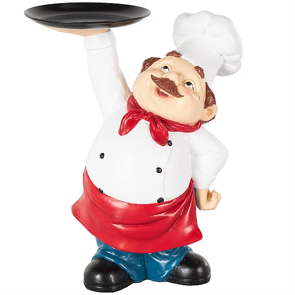 UMA White Polystone Chef Kitchen Decorative Figurine Decorative Sculpture with Black Tray, 9" x 6" x 12" | 17528