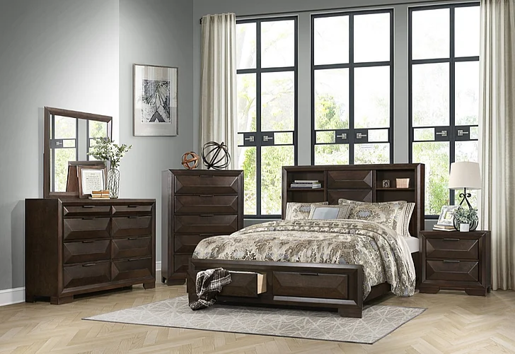 Homelegance Chesky 4pc Bookcase Bedroom Set with Footboard Storage in Warm Espresso