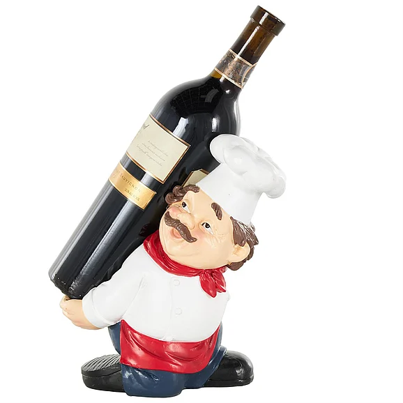 UMA White Polystone Chef Kitchen Decorative Figurine Single Bottle Wine Holder with Red Accents, 8" x 4" x 9" | 17543