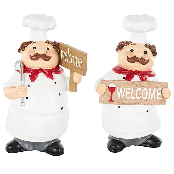 UMA White Polystone Chef Kitchen Decorative Figurine Decorative Sculpture with Welcome Signs, Set of 2 5, 8H | 17544