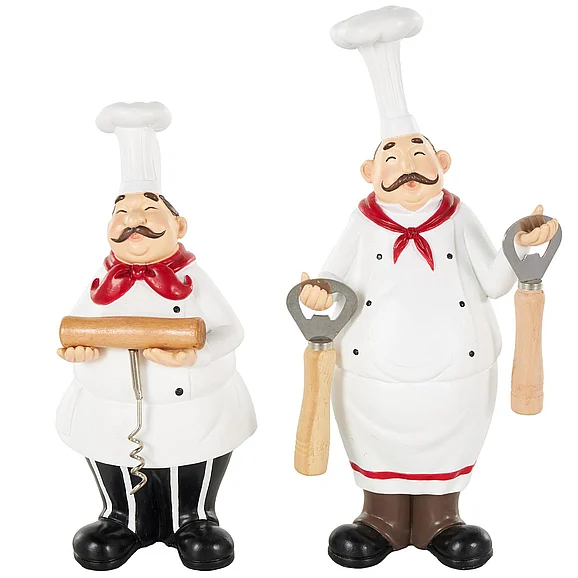 UMA White Polystone Chef Kitchen Bottle Opener Holder Decorative Sculpture with Beer and Wine Bottle Accessories, Set of 2 12, 10H | 17549
