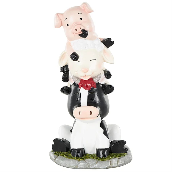 UMA Multi Colored Polystone Farm Animals Stacked Decorative Sculpture with Gray and Green Accents, 7" x 6" x 14" | 17564 CLOSEOUT