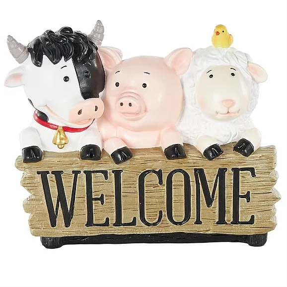 UMA Multi Colored Polystone Farm Animals Decorative Sculpture with Brown Welcome Sign, 11" x 5" x 9" | 17565 CLOSEOUT