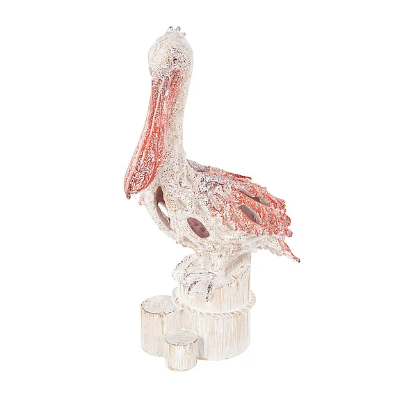 UMA Red Polystone Pelican Textured Decorative Sculpture with Red Feathers and Round Blocks, 8" x 4" x 13" | 17580
